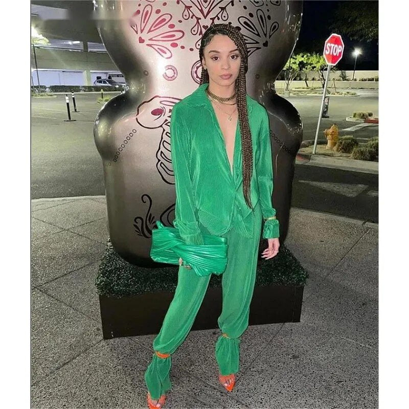 Women's Orange Long Sleeve Shirt Suit, Chiffon Tops, Wide Leg Pant, Sexy 2-Piece Set, Street Sweatsuit, Fitness Pit Strip Jacket
