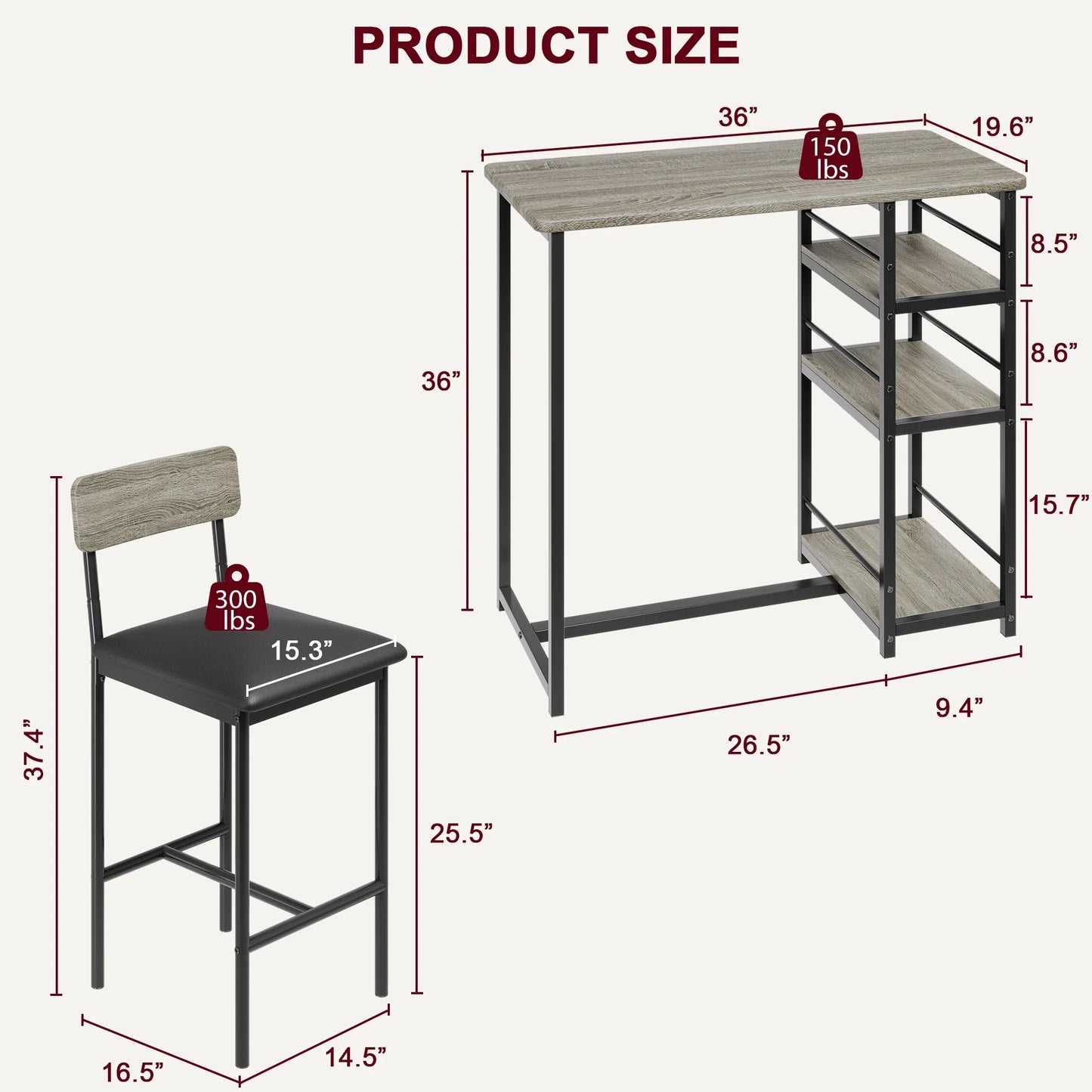 Dining Table Set with 3-Tier Shelves, Bar Kitchen Table Set with 2 Padded Chairs.