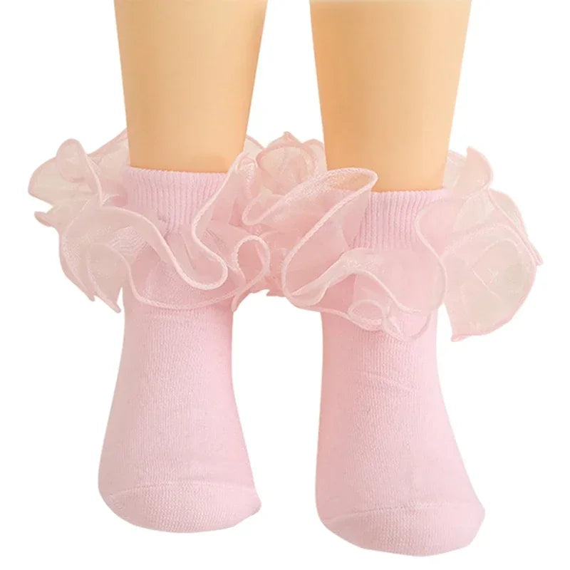 1 Pair Girls' Puffy Lace Socks Children's Combed Cotton Lace Socks