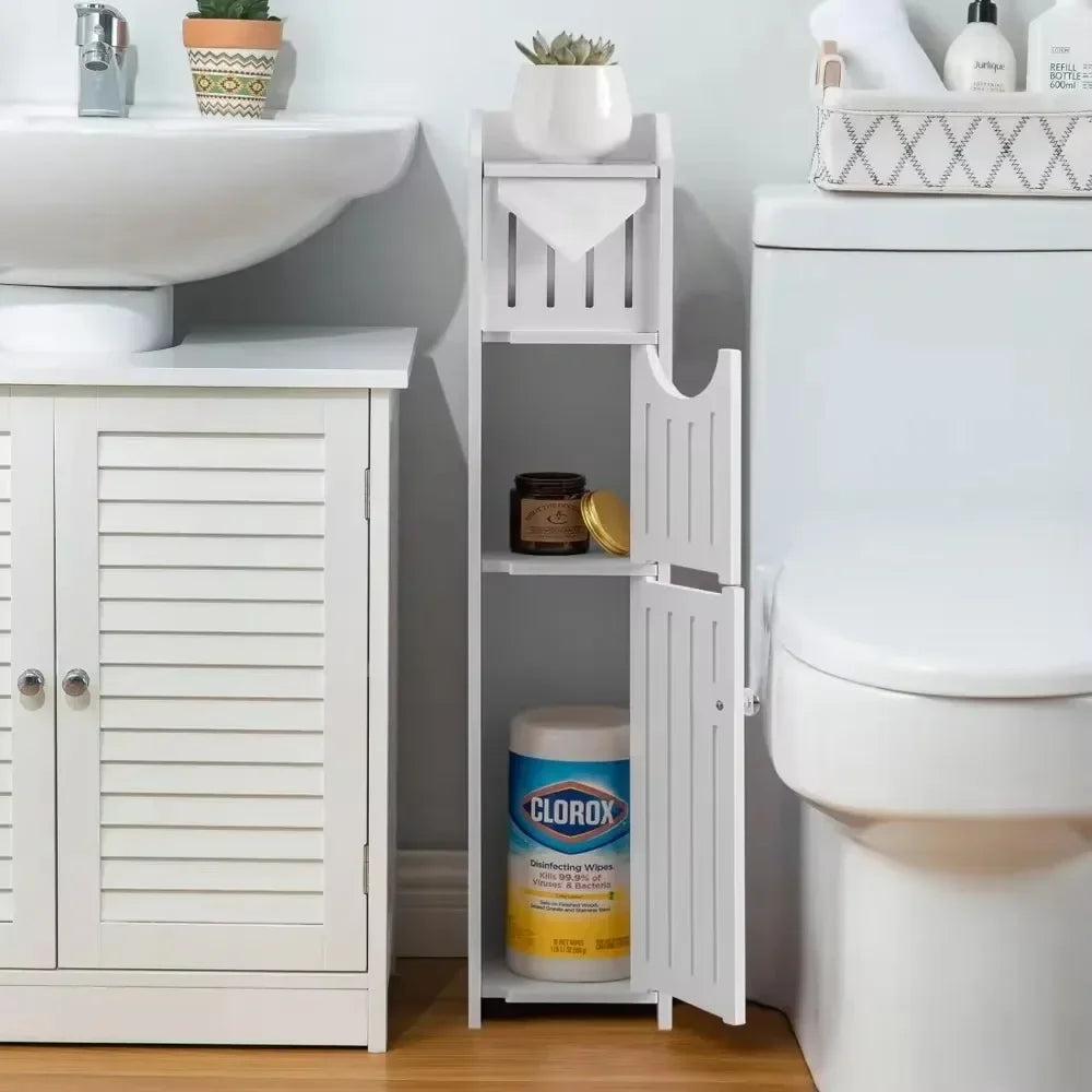 Bathroom Storage Cabinet Toilet Paper Holder Stand With Door Free-Standing Storages Shelfs Small Spaces Corner Organizer shelves