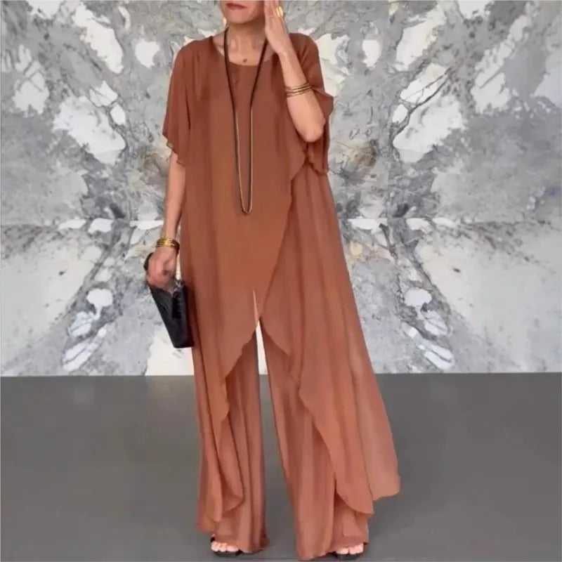 Women Summer Chiffon Pant Sets Short Sleeve Solid Irregular Splicing Long Blouse Wide-leg Pants Casual Loose Trousers Suits Robe