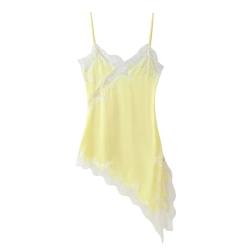 Yellow Satin Lace Splicing Sling Dress Women Elegant Irregular Hem V Neck Backless Sleeveless Gown Chic Women Party Club Vestido