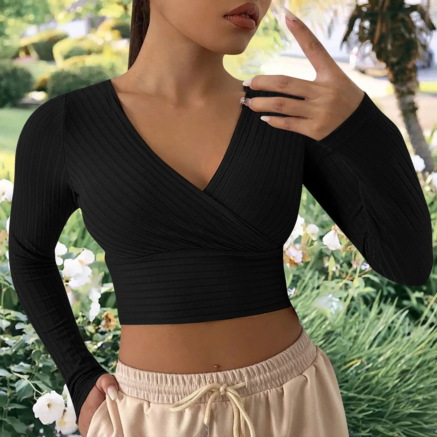 Sexy Cross Wrap V Neck Ribbed Knit T Shirt Women's Crop Tops Sexy Slim Fit Solid Spring Fall Long Sleeve Y2k Clothes Pink Tops