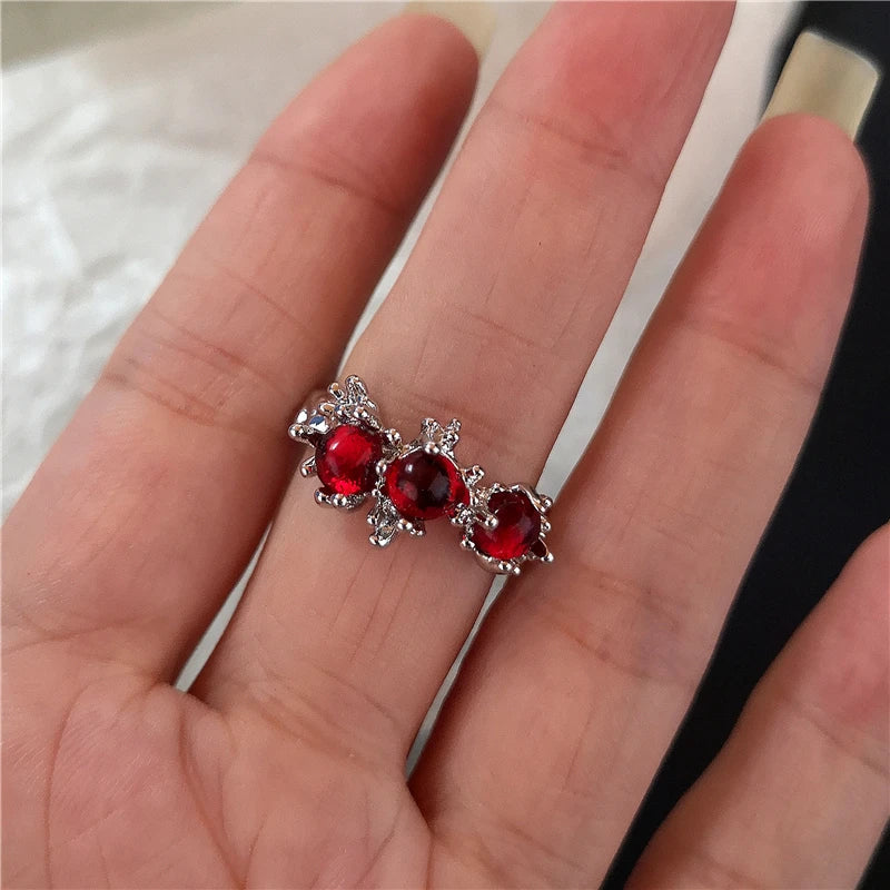 Goth Punk Vintage Red Crystal Love Heart Cross Geometry Irregular Open Ring Set Y2K Halloween Accessories For Women Kpop Jewelry