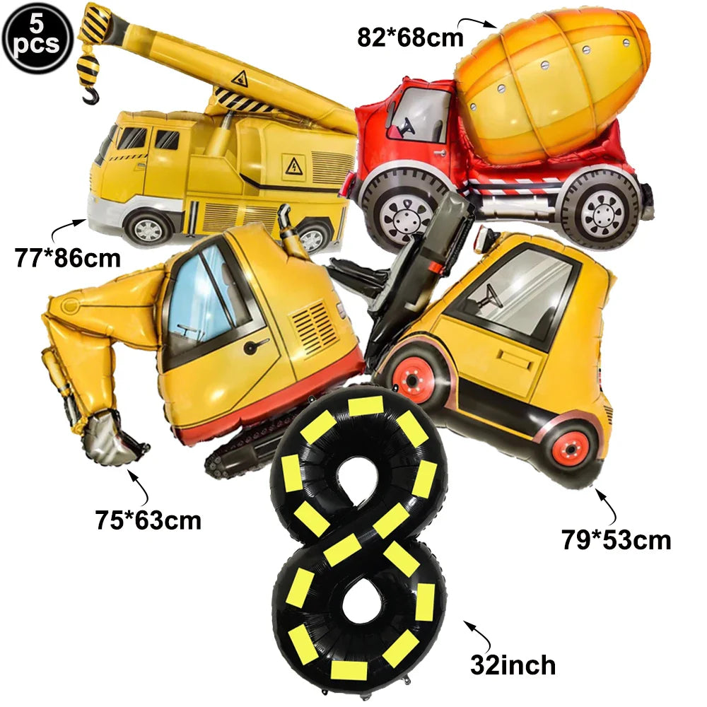 5pcs Construction Themed Balloon Carton Vehicle Balloon Excavator Forklift Crane Balloons for Boy's Construction Birthday Party