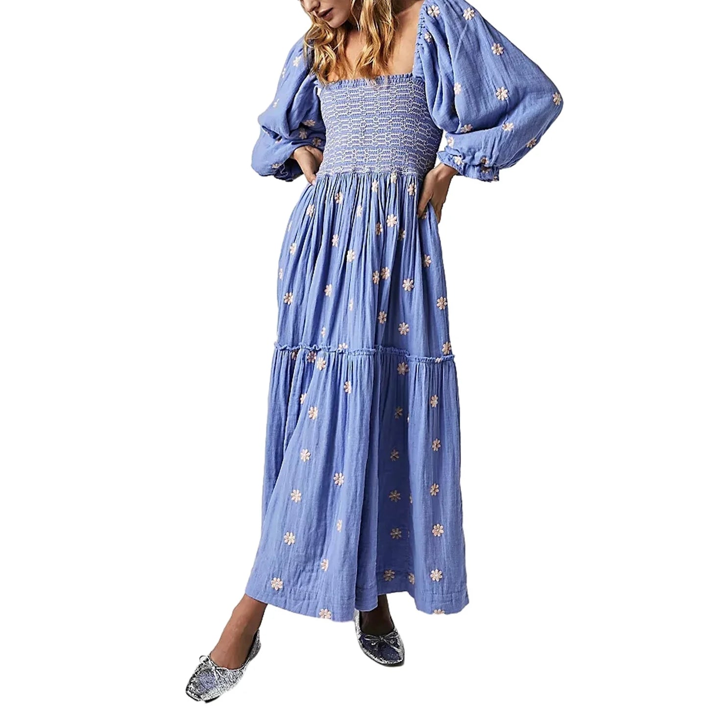 Casual Ladies Floral Print 3/4 Sleeve Loose Dress Summer Square Neck Long Dress Bohemian Women's A-Line Sundress 2023 Streetwear