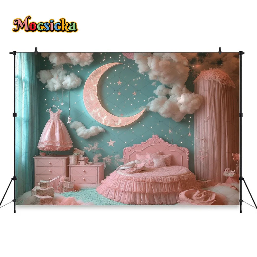 Princess Girl Birthday Party Night Photography Background Blue Pink Smoke Moon Star Boudoir Backdrop Kid Cake Smash Photo Studio