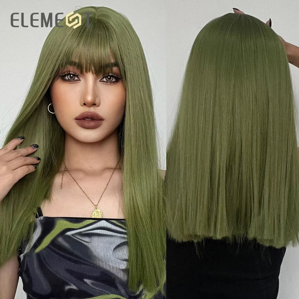 Element Medium Length Synthetic Straight Natural Brown Wigs with Side Bangs Heat Resistant Party Wigs for White/Black Women