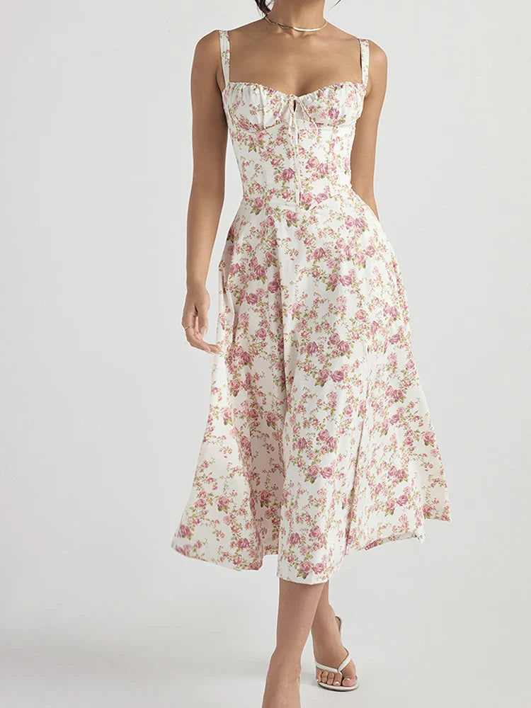 Sleeveless Floral Dress Casual Fashion Slim Fit Sexy Backless Hem Slit Vacation Travel Versatile Suspender Printing Dress