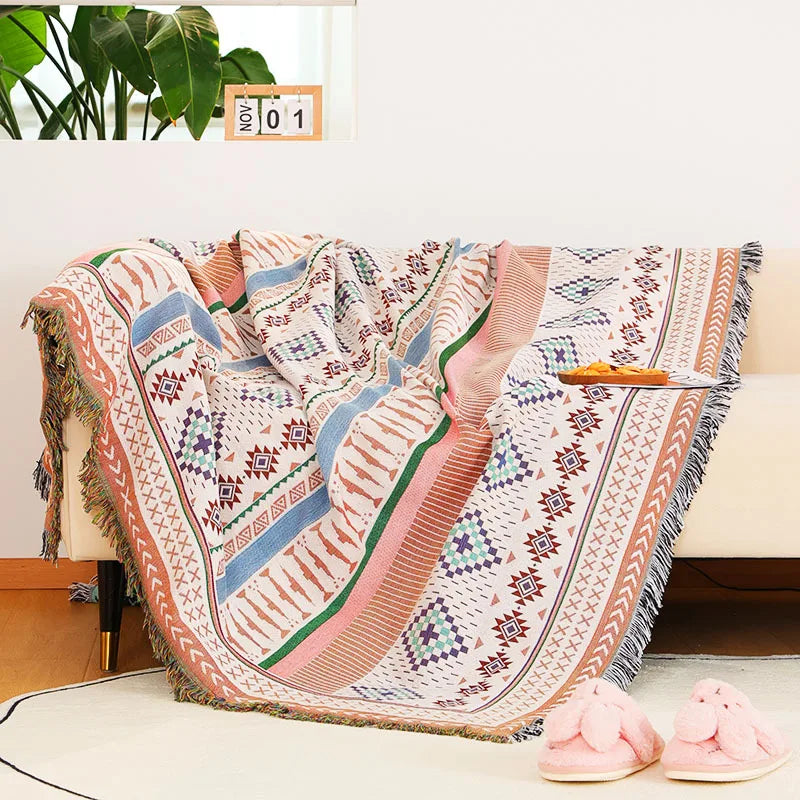 Retro Indian Style Thread Blanket Countryside Geometry Sofa Cobertor Hanging Tapestry Cotton Knitted Sofa Blanket for Bed Travel
