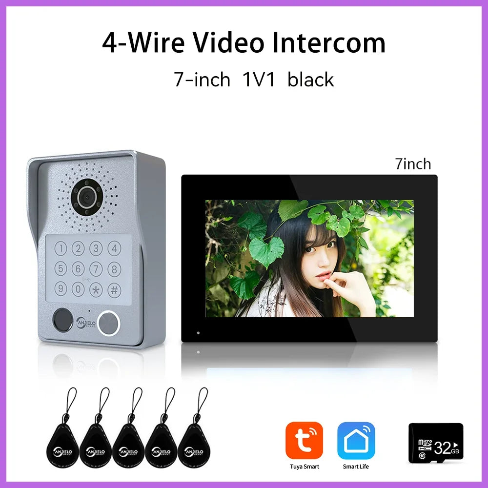 ANJIELO 4-Wire Video Intercom System with 10-inch Touch Screen 5-in-1 Unlock Tuya Smart APP Control IP65 Waterproof Night Vision