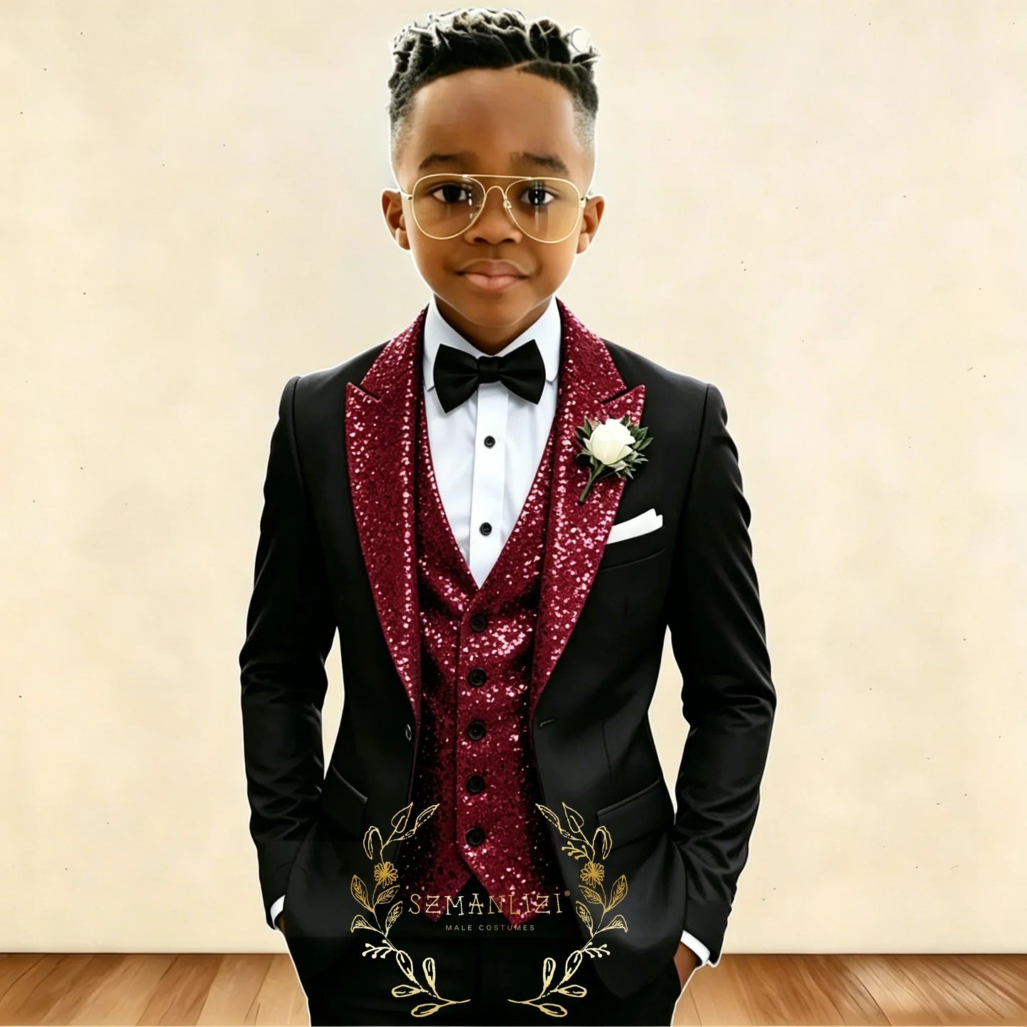 Black And Gold Sequin Boy's Suit Attire Peaked Lapel Children Wedding Party Tuxedos 3 Pieces Sets costume garçon cérémonie 2026
