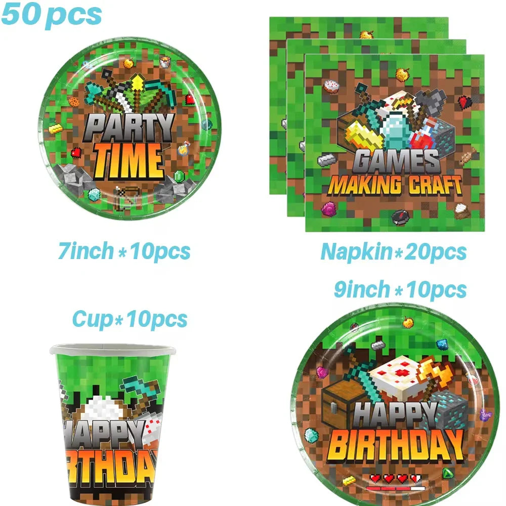 Miner Crafting Pixel Video Game Party Decor Disposable Tableware Cup Plate Tablecloth Balloon Baby Shower Kid Boy Party Supplies