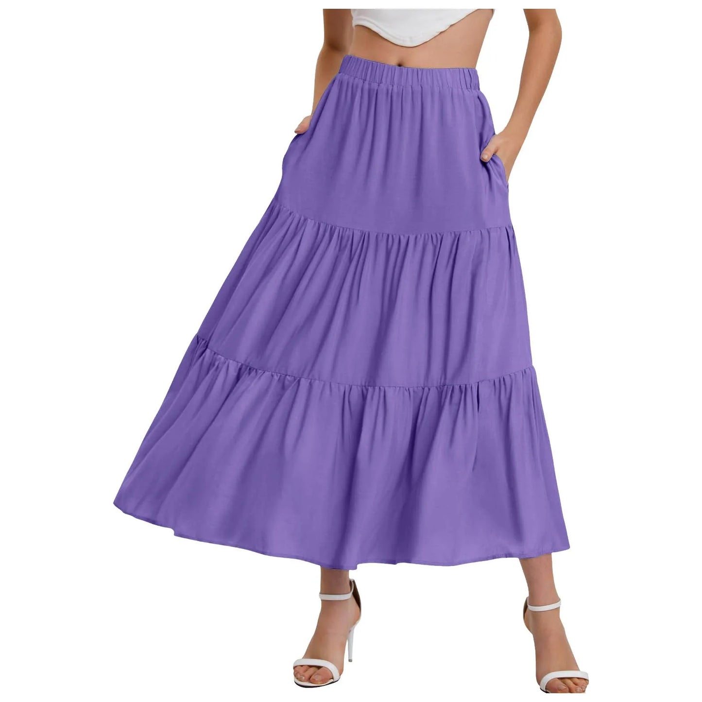 Skirts For Women Summer Bohemian Swing Beach Skirt High Waist A Line Flowy Skirts Pleated Layered Ruffle Hem Flowy A Line Skirt