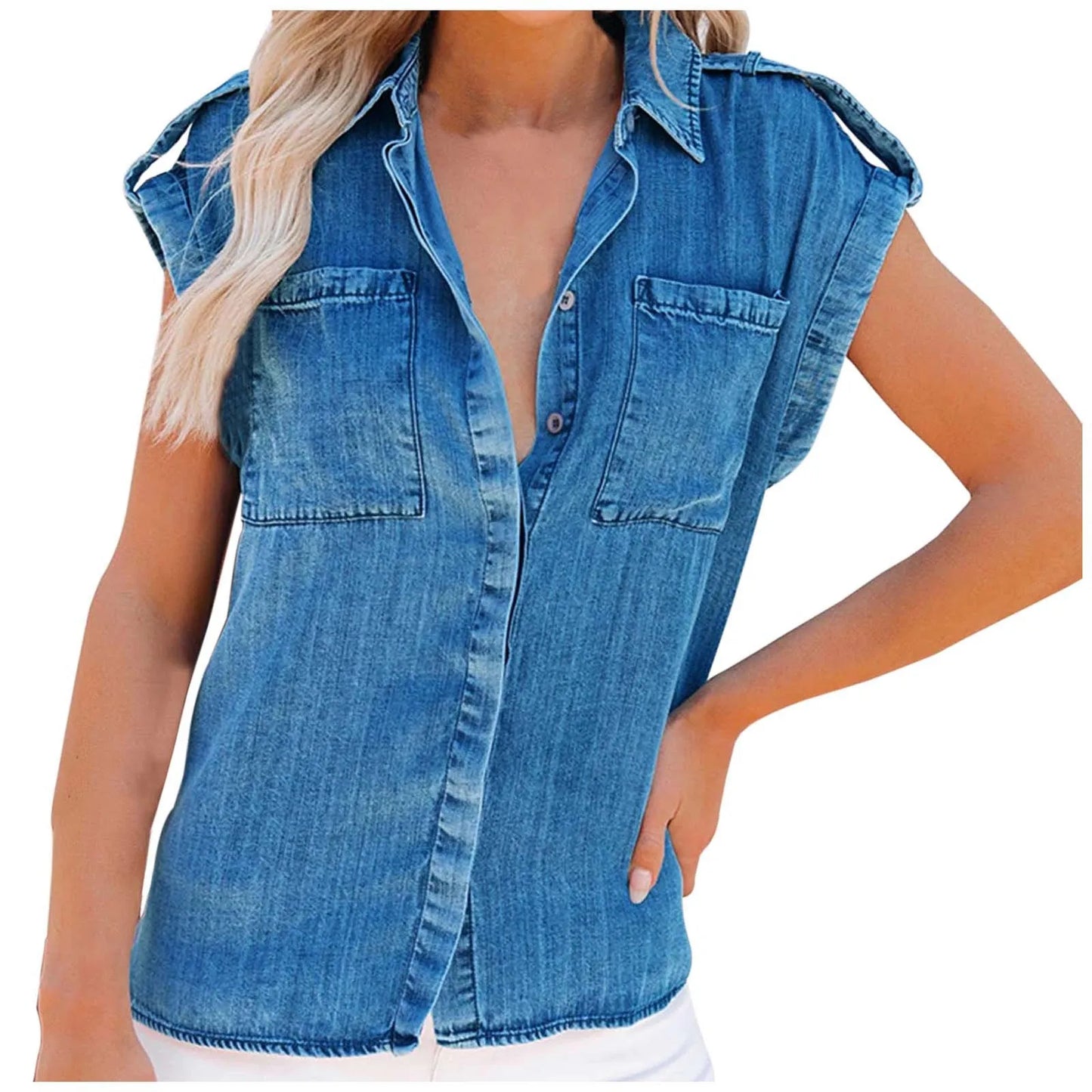 Summer Sleeveless Blouse Pure Color Retro Women'S Short Sleeve Denim T-Shirts Fashionable Street Outdoor Versatile Top 2024