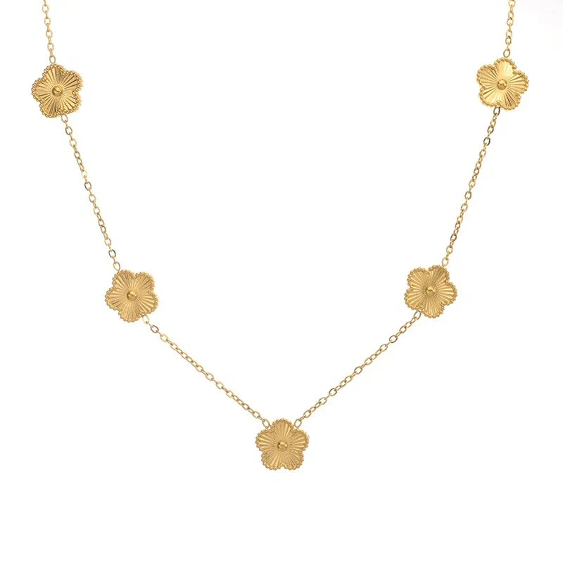 14K Gold Plated Stainless Steel Necklace Woman Five Leaf Petals Double