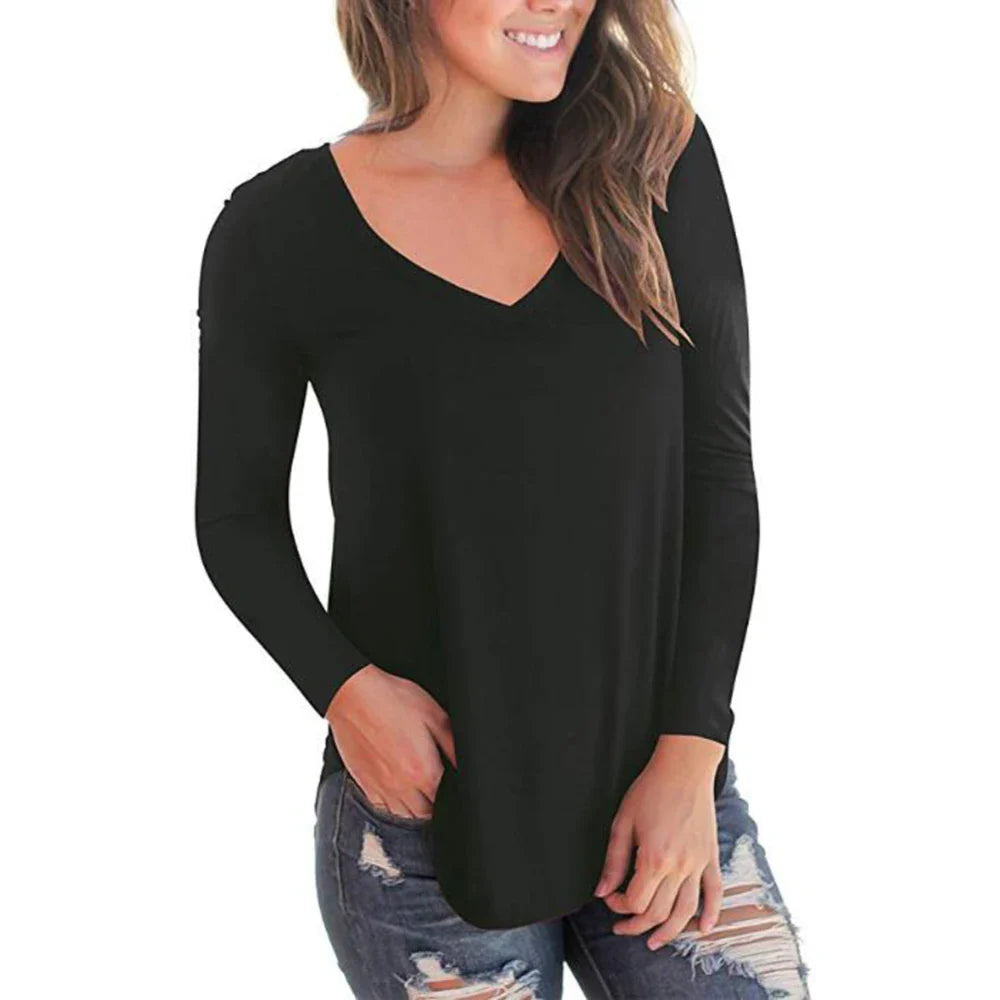 2023 autumn and winter women's clothes solid color primer new style V neck long sleeve women's T-shirt women in stock