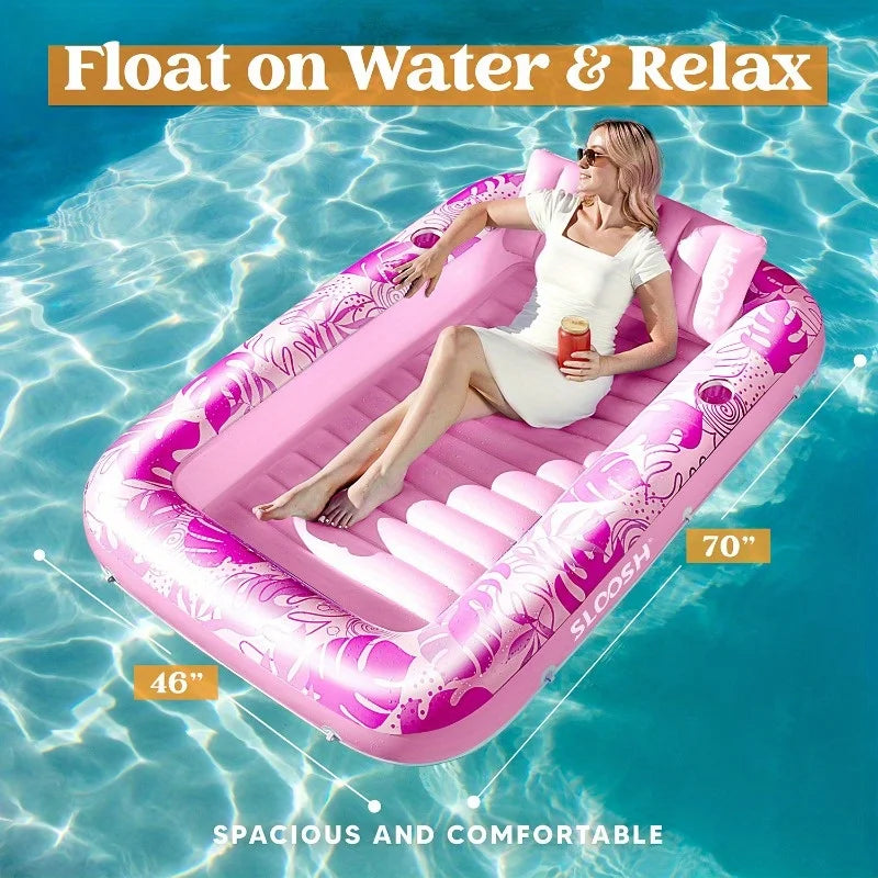 JOYFY Inflatable Tanning Pool Lounger Float 70" x 46" Pool Floats Adult with Pillow Sunbathing Bed Lounge for Summer Water Party