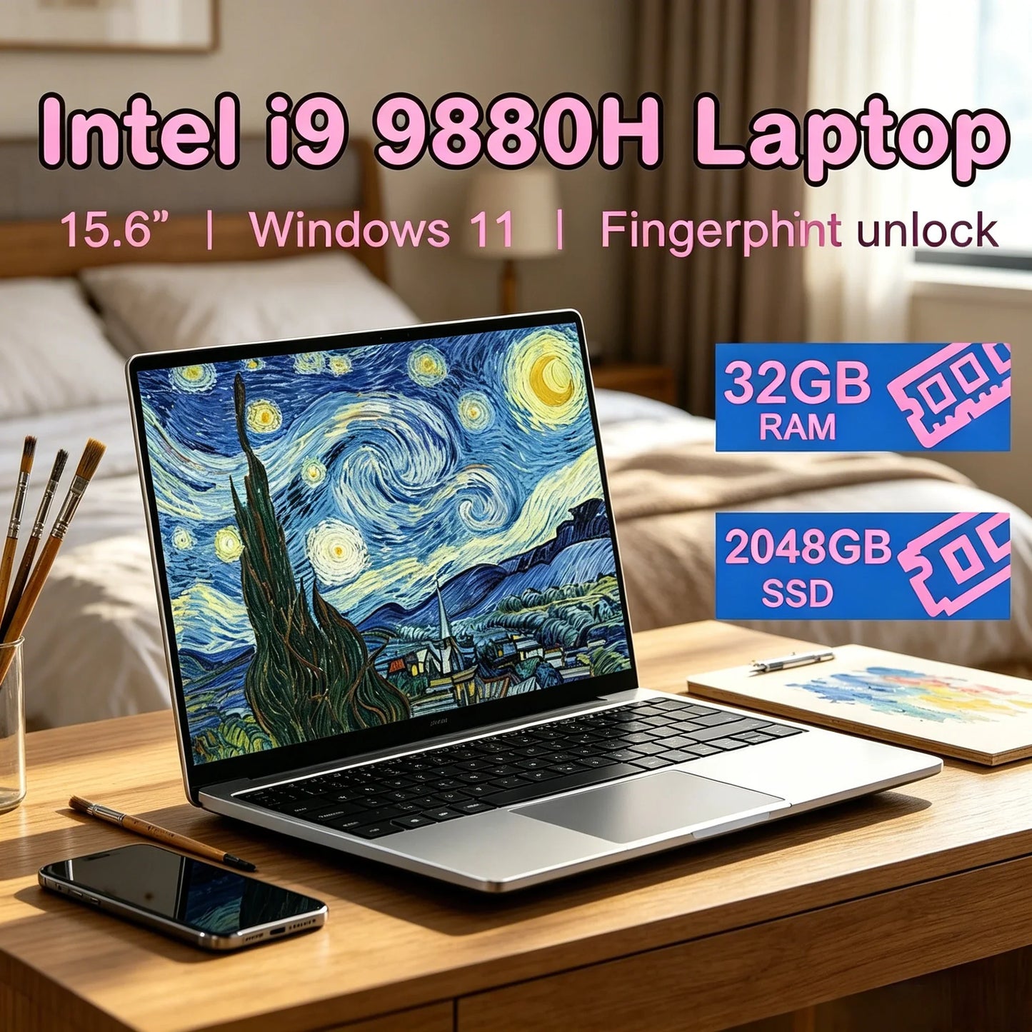 15.6" Full HD Large Screen Laptop Core I9-9880H High Performance 32GB RAM 2TB SSD Windows 11 Daily Computer