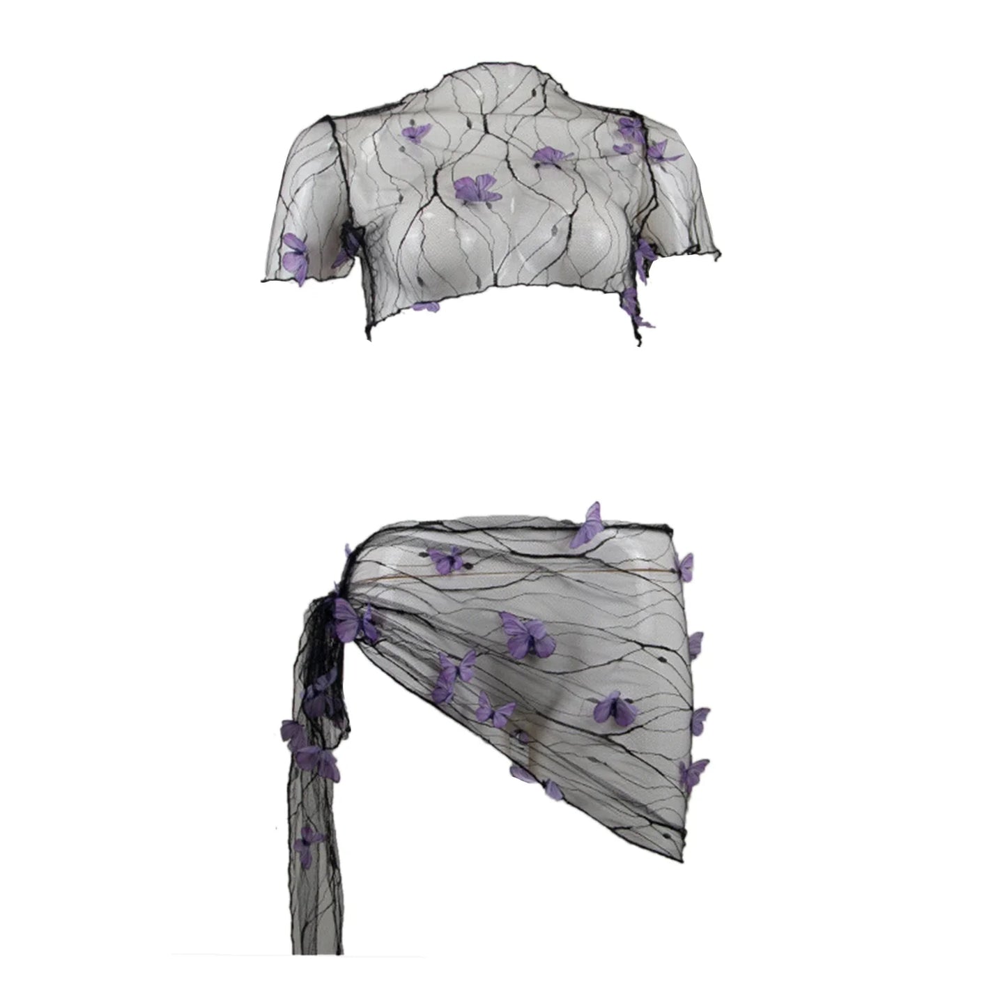 Women's Bikini Cover-up Set Mesh Sheer Three-dimensional Butterfly Decoration Short Sleeve Crop Tops Tie-up Sarong Wrap Skirt