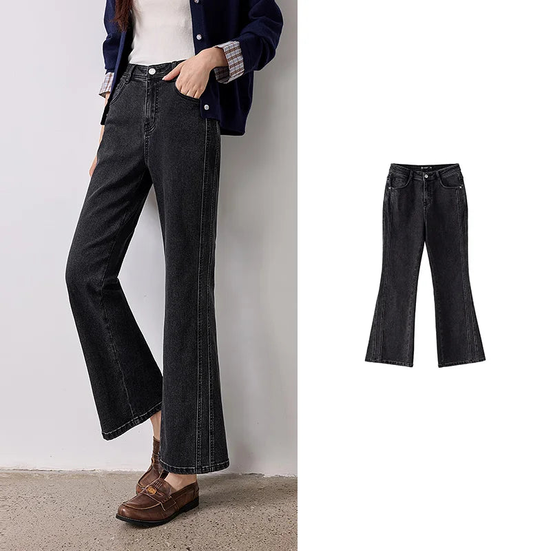 TOYOUTH Women's Glazed Blue Deconstructed Splicing Stretch Cotton Jeans 2026 Autumn New Slim Fit Flared Chic Denim Trousers