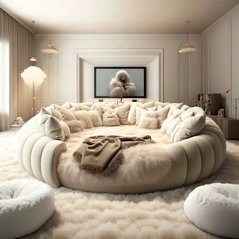 2.2×2m Master Bedroom Big Round Bed, Modern Hotel Guest House Cream White Leather, Full Bed Frame Lazy Cloud Sectional.