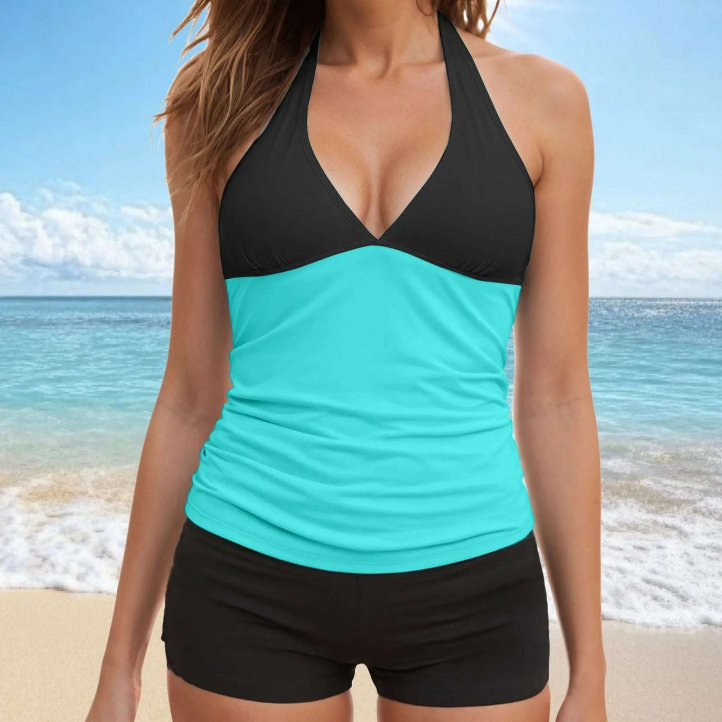 Women Fashion Two Piece Tankini Swimsuit Halter V Neck Backless Tops Tight Shorts Beachwear Ladies Swimsuit Trajes De BañO Mujer