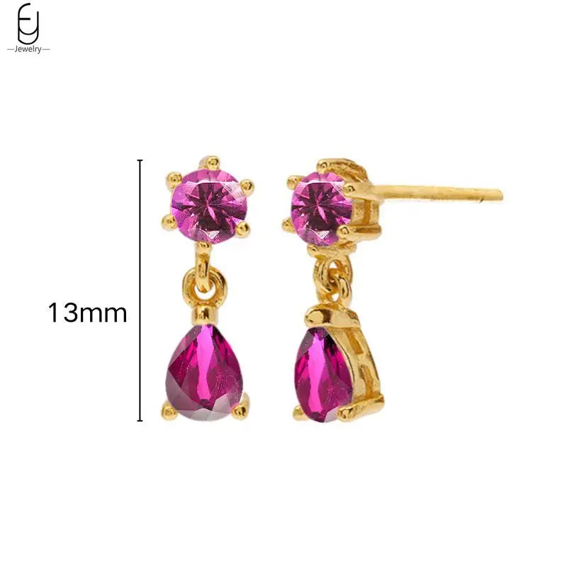 925 Sterling Silver Needle Rose Red Crystal Stud Earrings For Women Water Drop/Heart Pendant Gold Earrings Fashion Jewelry Gifts