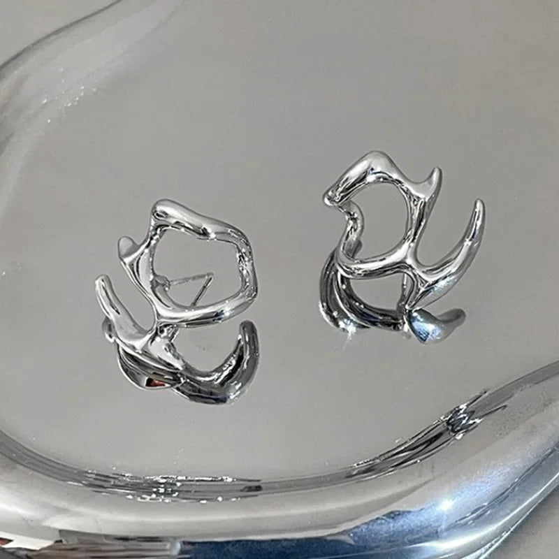 Y2K Irregular Liquid Earrings for Women Silver Color Hip-Hop Punk Fashion Geometric Earring Clip Girl 2023 Trendy Party Jewelry