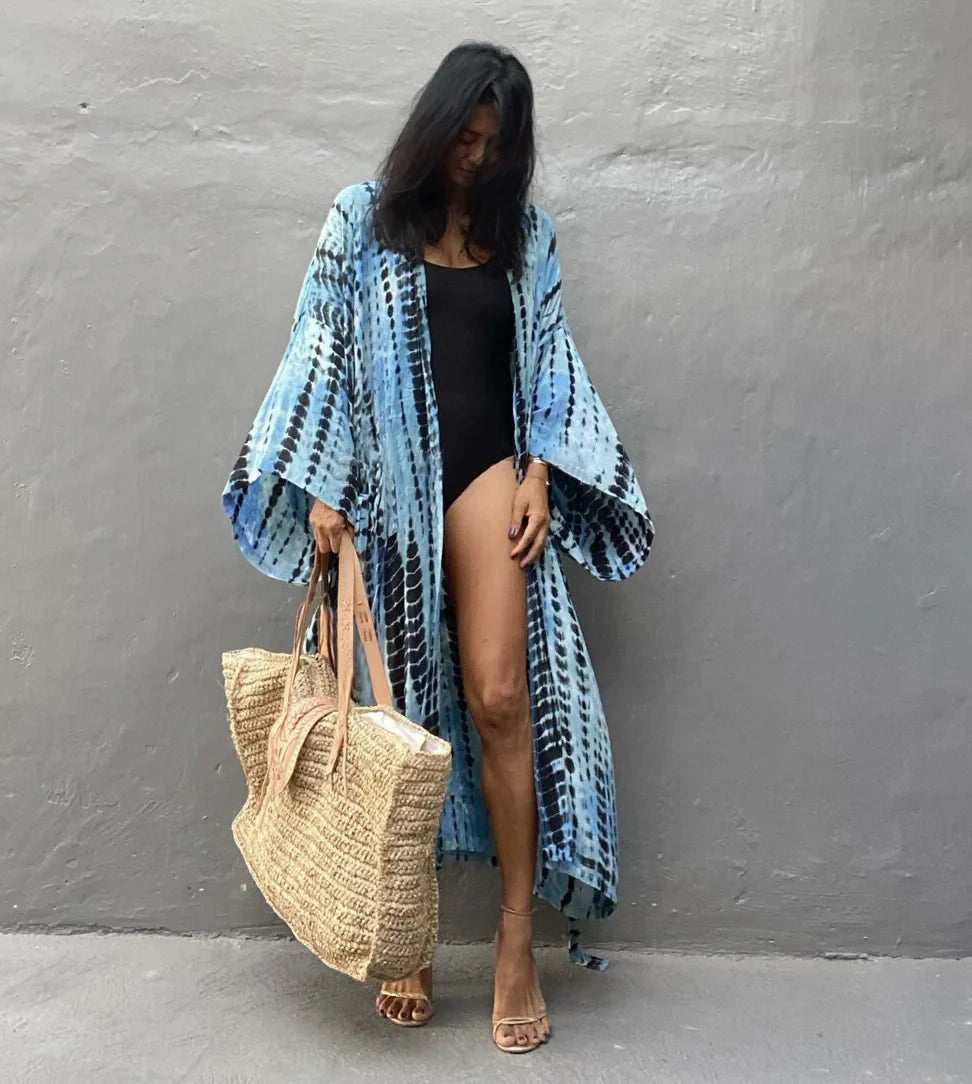 2023 Women's Boho Stripe Tie Dye Swimsuit Cover Up with Belt Tunic Sarong Cardigan Dress Bikini Cover-ups Beach Wear Kimono