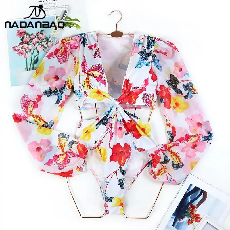 Nadanbao Sexy Bodysuit Swimsuit Women Hollow Out Two-Piece Bikini Set Female Long Sleeve Floral Print Fashion Surfing Beachwear