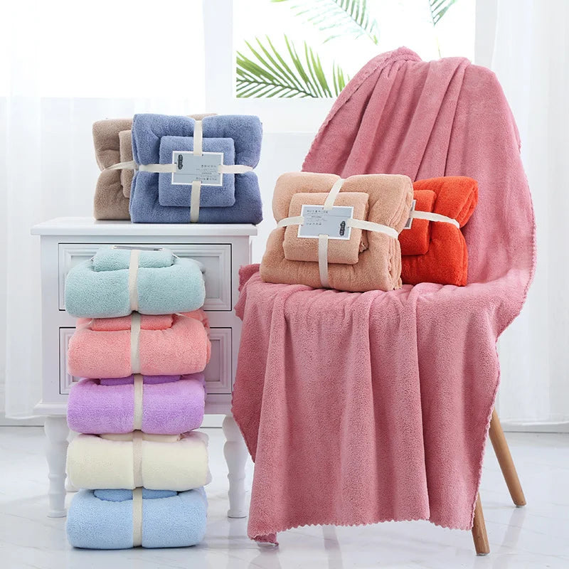2pcs Set Luxury Super Large Towel Coral Fleece Bath Towel  Set for Adults 70x140cm 35x75cm