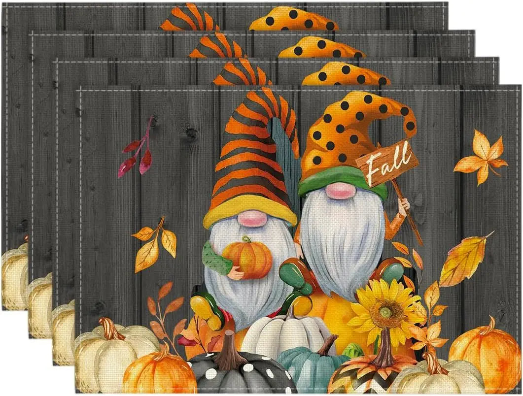 4PCS Thanksgiving Day Table Placemats 30*45cm Linen Autumn Pumpkin Maple Leaf Printed Dining Table Mat Festive Table Decoration