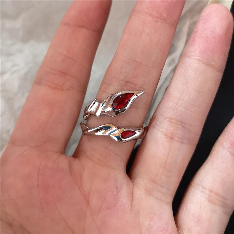 Goth Punk Vintage Red Crystal Love Heart Cross Geometry Irregular Open Ring Set Y2K Halloween Accessories For Women Kpop Jewelry