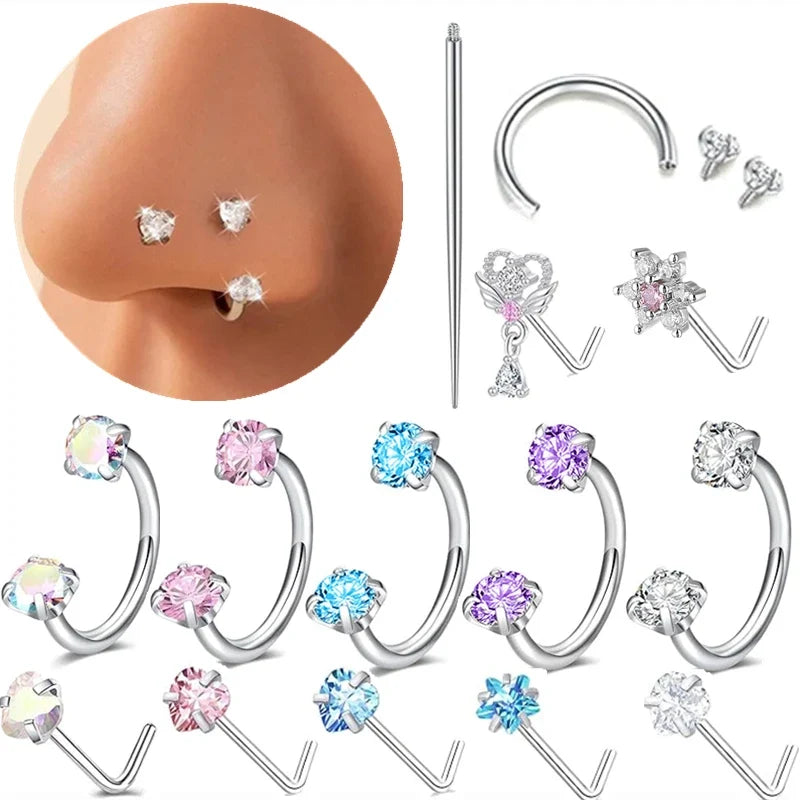 6/2pcs Horseshoe Nose Rings with L-Shape Nose Stud, Stainless Steel