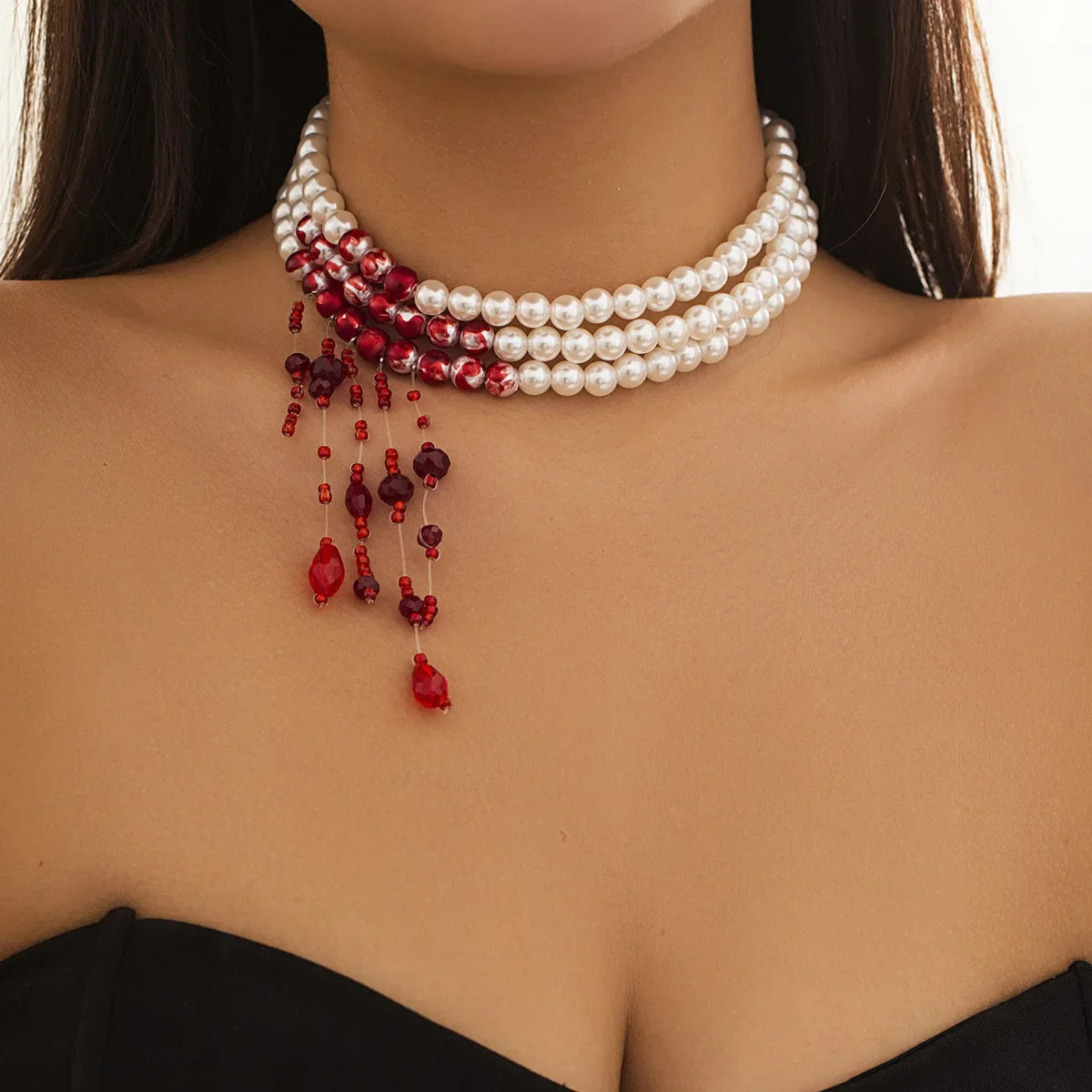 Goth Vintage Red Blood Pattern Imitation Pearl Chain Necklace for Women Wed Bridal Long Tassel Beads Pendant Halloween Jewelry
