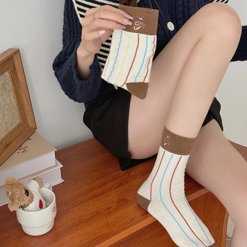 4 Pairs Women's Cartoon Dog Socks Korean Foldable Two-Wear Sweatproof Cotton Oxford Mid-Calf Socks for Fall and Spring