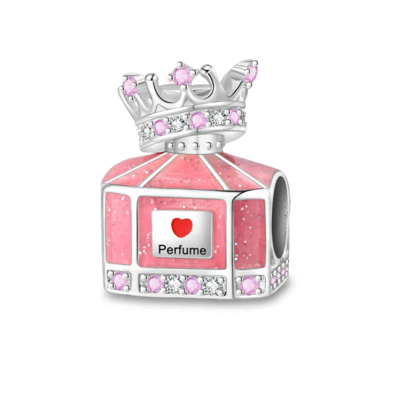 Romantic Pink Crown Perfume Bottle Charms Beads Bracelets Fine Jewelry
