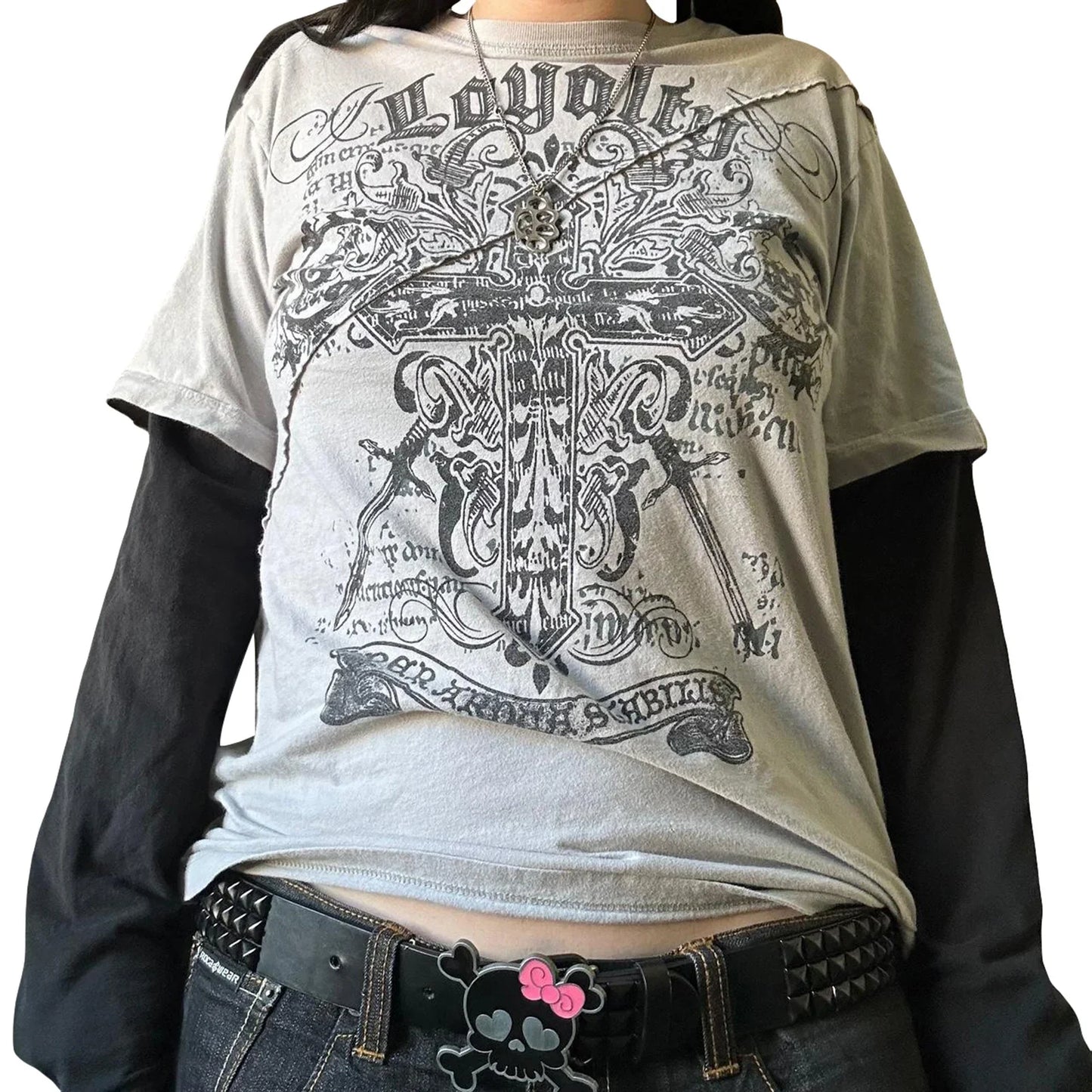 Women s Y2K Fairy Grunge Shirt Vintage Cross Graphic Patchwork Long Sleeve Crewneck T-Shirt Aesthetic Tee Top