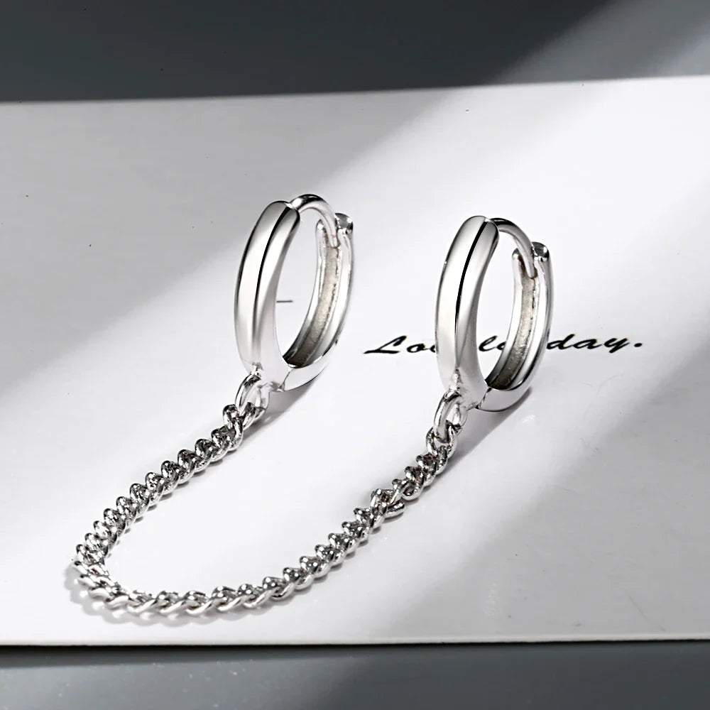 Solid 925 Sterling Silver Double Earrings Chain Small Round Circle Hoop Tassel Ear Rings Two Ear Holes Helix Piercing SE178
