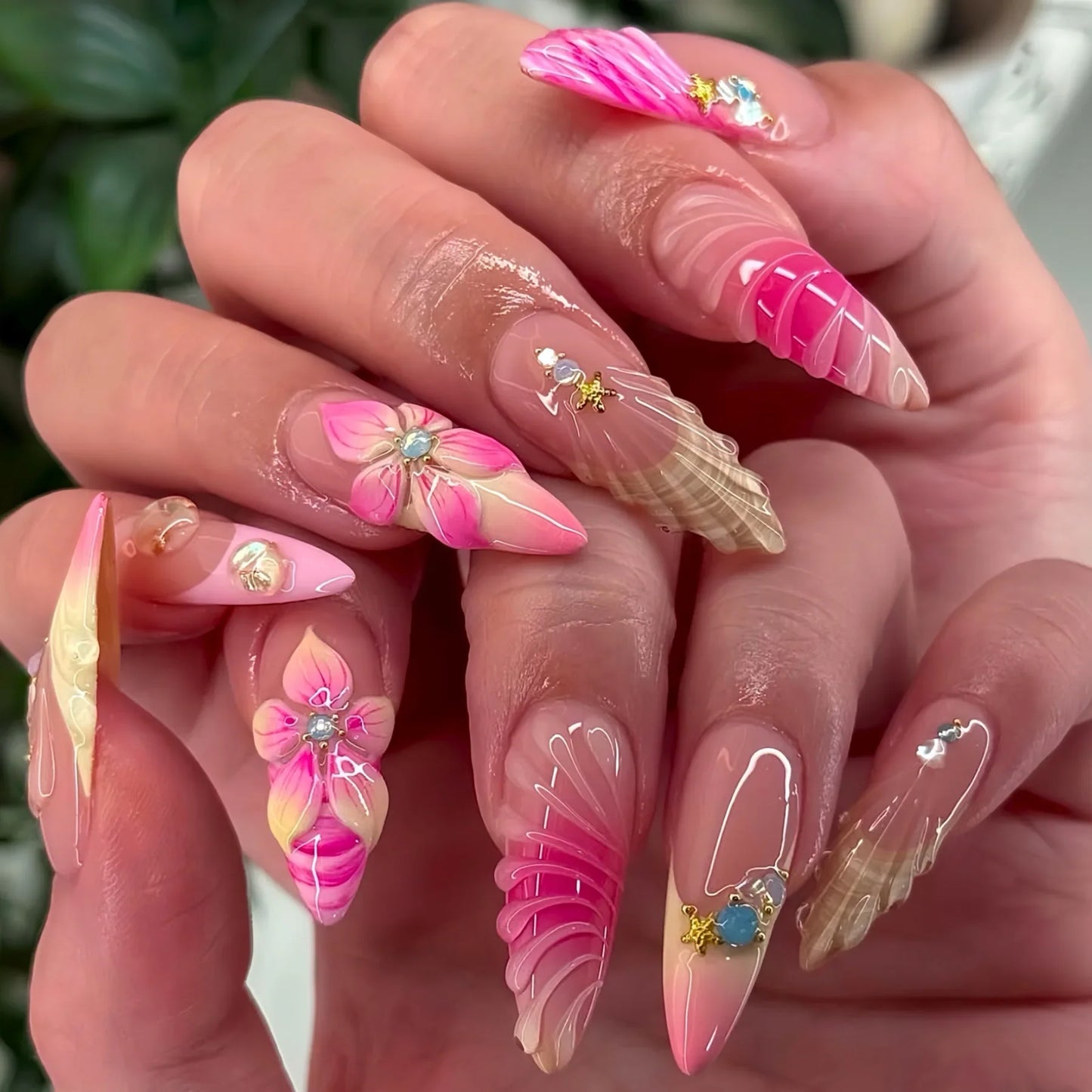 24Pcs Mid-length Almond Press on Fake Nails,3D Ripple Heart ,Pearl Star, Blue Smudge Detachable Full Cover Nails Tips.