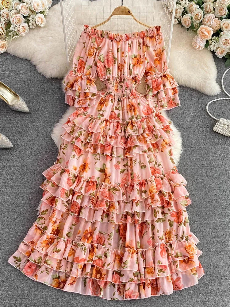 Summer New Off Shoulder  Wrap Waist to Show Thin A-line Fragmented Cake Dress Women's Beach Vacation Chiffon Long Dress GD820
