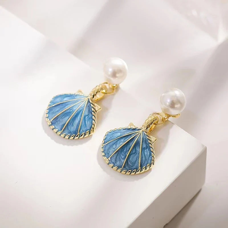 EtherealBe Blue Shell Pearl Dangle Earrings