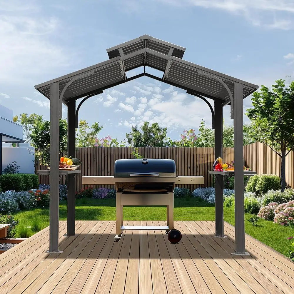 Hardtop Grill Gazebo Canopy Outdoor BBQ Shelter with Double Galvanized Steel Roof Side Shelves Ceiling Hooks and Built-in Bottle