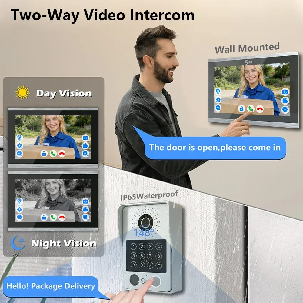 ANJIELO 4-Wire Video Intercom System with 10-inch Touch Screen 5-in-1 Unlock Tuya Smart APP Control IP65 Waterproof Night Vision