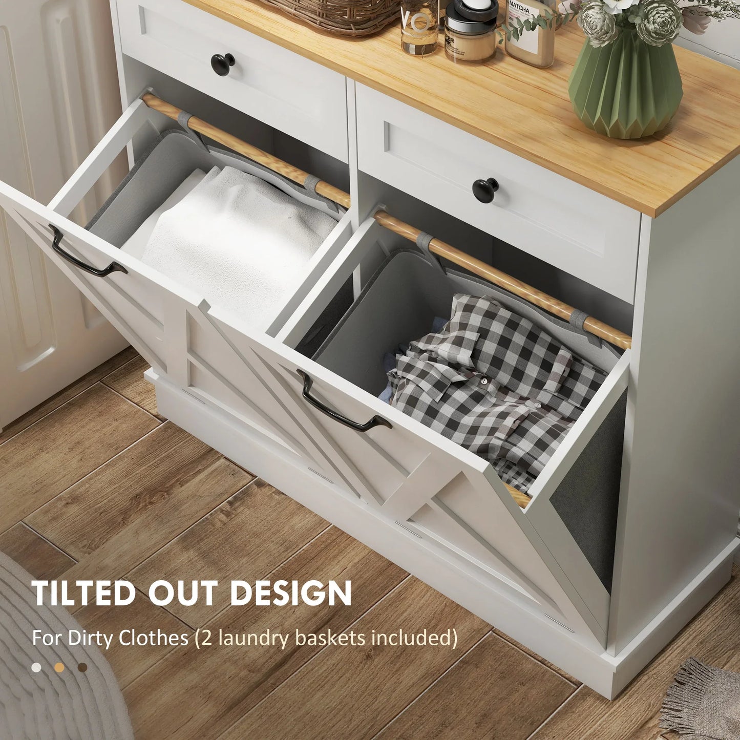 Tilt Out Laundry Hamper Cabinet, with 2 Baskets and 2 Drawers, White.