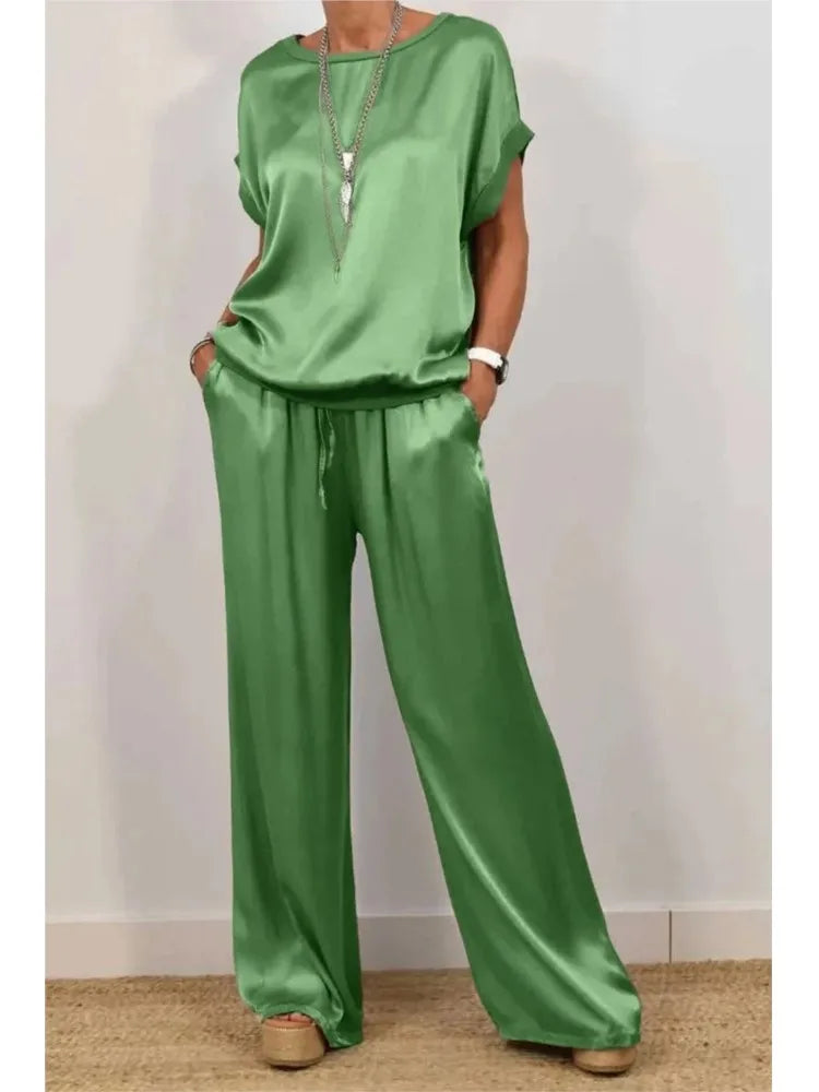 2-piece Set Fashion Satin O Neck T-shirt Top Trousers Summer Retro Elegant Casual Loose Wide-leg Pants Female Home Clothing Suit