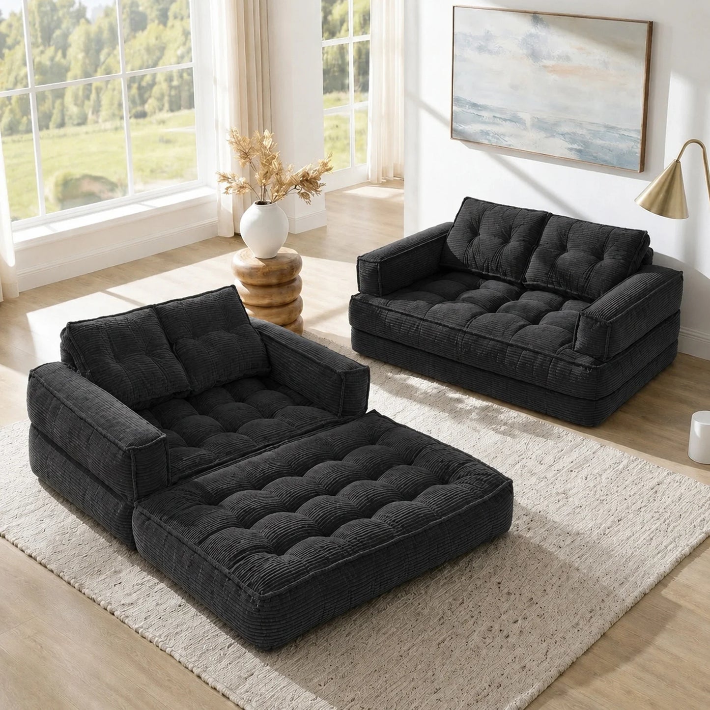 51" 2-Seater Modular Corduroy Sofa with Chaise, 2-in-1 Boneless Convertible Floor Couch, Lazy Double Sofa with Armrest for Living Room, Black