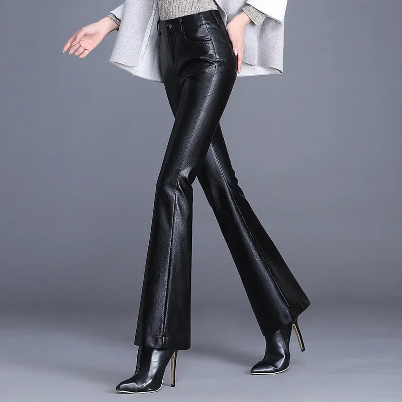 Women Leather Pants High Waist Flared Pants Slim Fit Side Pockets Solid Color Casual Party Fall Trousers Spring Autumn T627