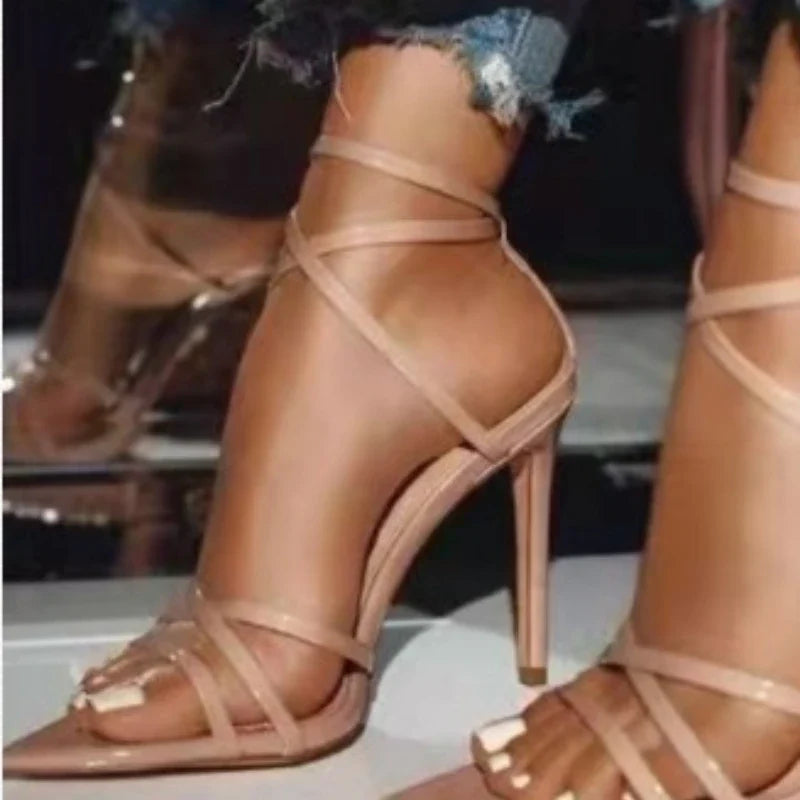 Lucyever 2024 Sexy High Heel Women Sandals Summer Orange Pointed Toe Gladiator Sandals Woman New Ankle Strap Sandalias De Tacon